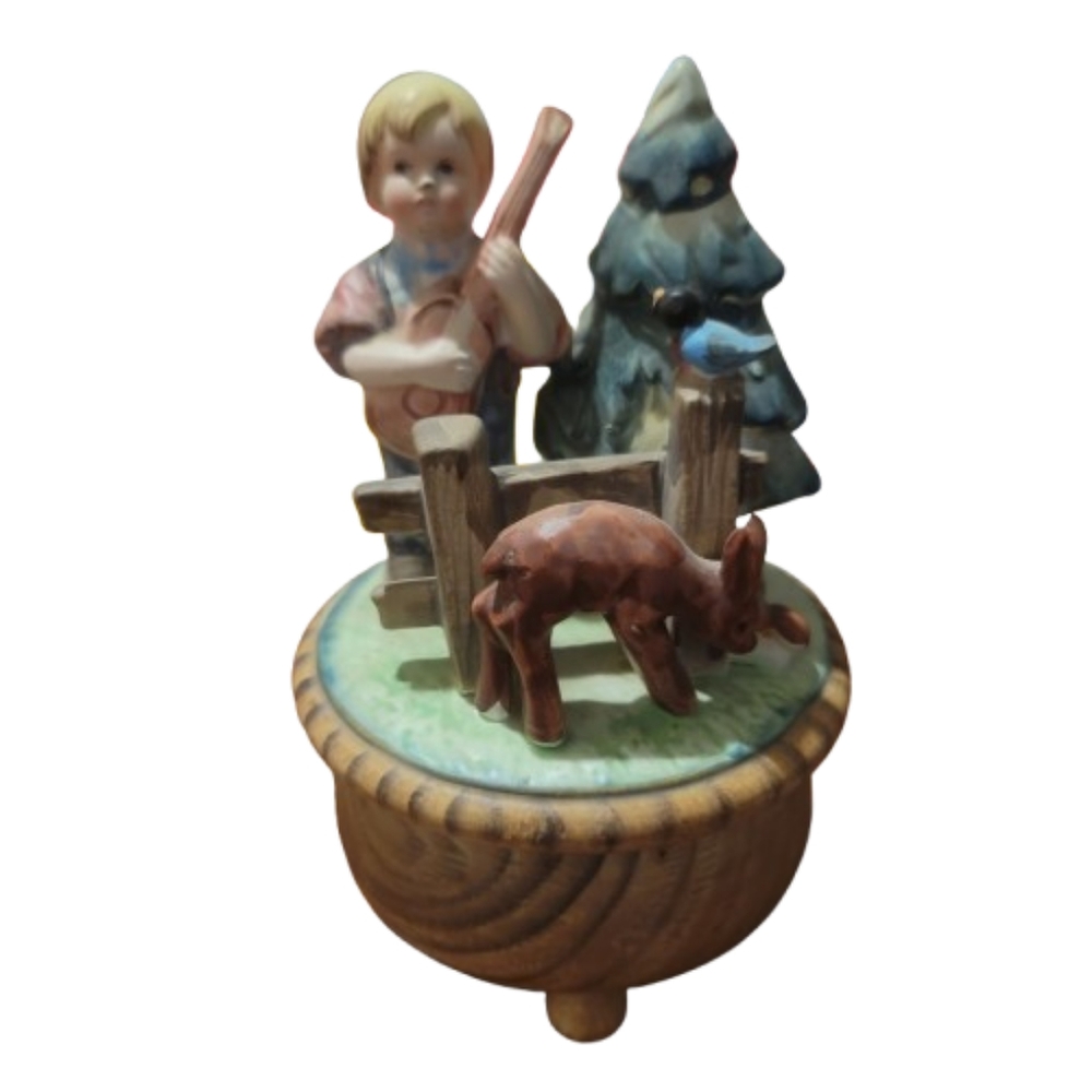 Vintage Japan Music Box Boy Deer Figurine Plays “Talk to the Animals” Ceramic